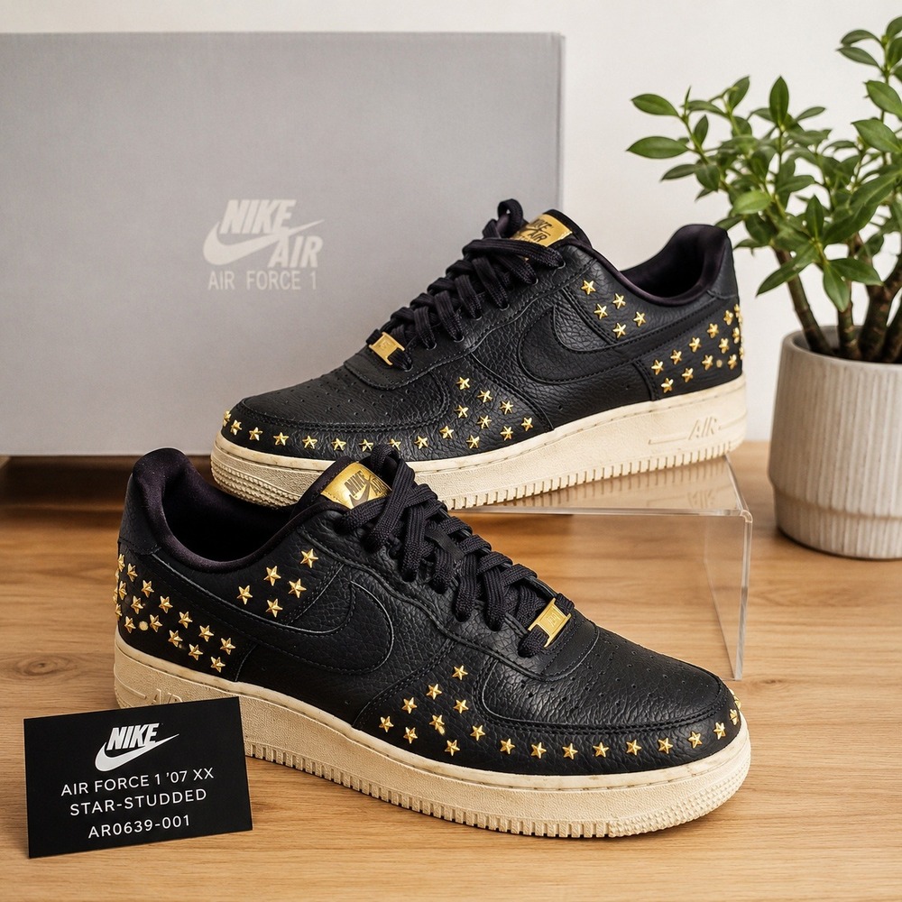 Nike Air Force 1 '07 Star Studded AR0639-001 Black Gold Women Size 10 Sneakers